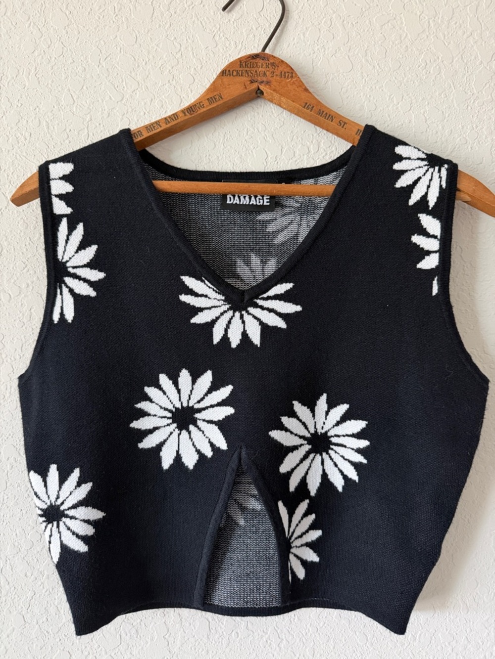 DAMAGE Black Daisy Knit Vest with Front Slit
